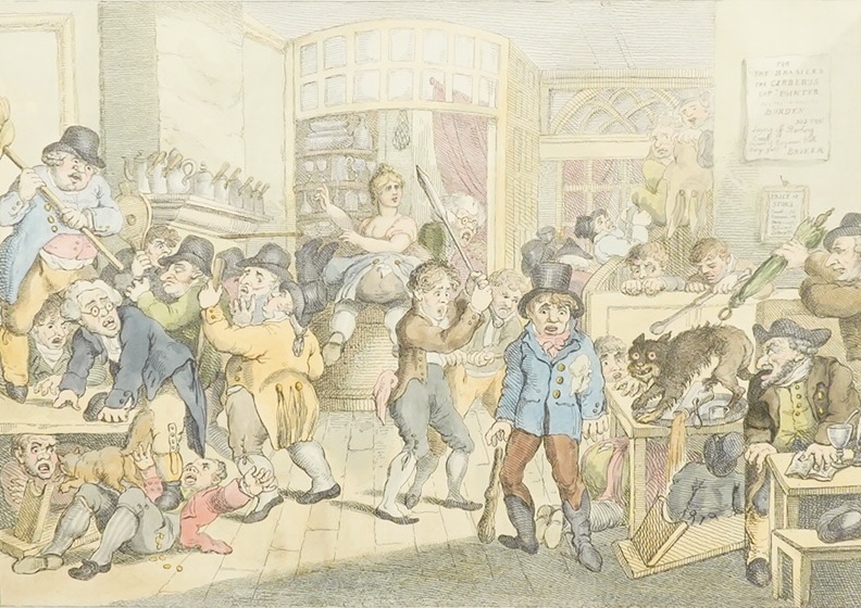 Four satirical etchings and prints to include two after Thomas Rowlandson (1756-1827), 'A Mad Dog in a Coffee House’ and ‘Throwing a Light on the Dark Deeds of the Pensioners’, largest 31 x 42cm